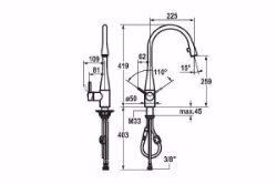 Bild von KWC EVE Küche edelstahl A 225 Hebelmischer Auszugauslauf verdeckt Neoperl Caché bis 600 mm aus, stahl, seitenbedient, flex-PEX 3/8", Art.Nr. : 10.111.103.700FL