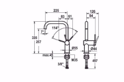 Bild von KWC LIVELLO Küche edelstahl A 225 Hebelmischer Schwenkauslauf 160° Neoperl Caché OptimalSpace, stahl, wegnehmb.,seitenbedient, flex-PEX 3/8", Art.Nr. : 10.231.043.700FL