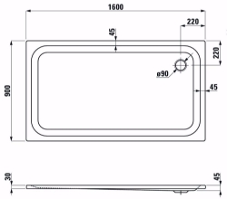 Bild von Laufen PLATINA - Duschwanne, rechteckig, Stahl emailliert (3,5 mm), flach (45 mm), 000 weiss, mit Schallschutz, 1600 x 900 x 45, Art.Nr. : H2150360000411