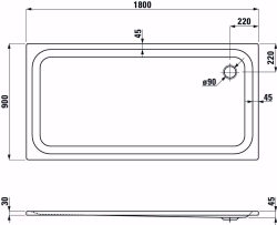 Bild von Laufen PLATINA - Duschwanne, rechteckig, Stahl emailliert (3,5 mm), flach (45 mm), 000 weiss, mit Schallschutz, 1800 x 900 x 45, Art.Nr. : H2150370000411